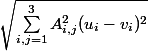 \sqrt{\sum_{i,j=1}^3 A_{i,j}^2(u_i-v_i)^2}